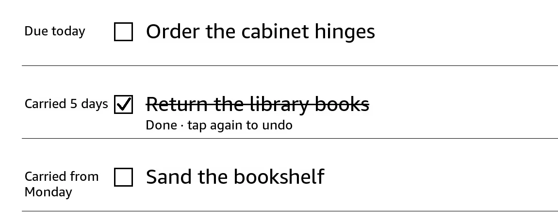 A ticked task on the Kindle Scribe, struck through, with Done · tap again to undo underneath