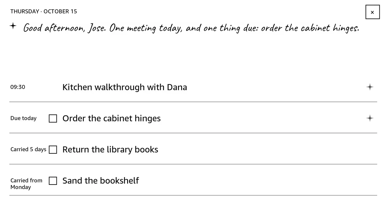 Pen Pal’s Today page on a Kindle Scribe: a note about the day, a 9:30 plan, and three to-do items from TickTick, one marked Carried 5 days